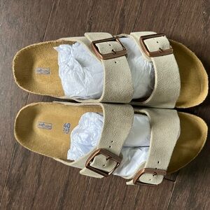 Birkenstock Sandals in Beige with Brown Buckles
